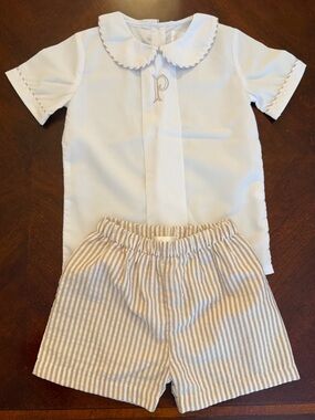 Cecil and Lou Peter Pan Monogram “P” Shirt & Matching Beige Seersucker Shirts 4T